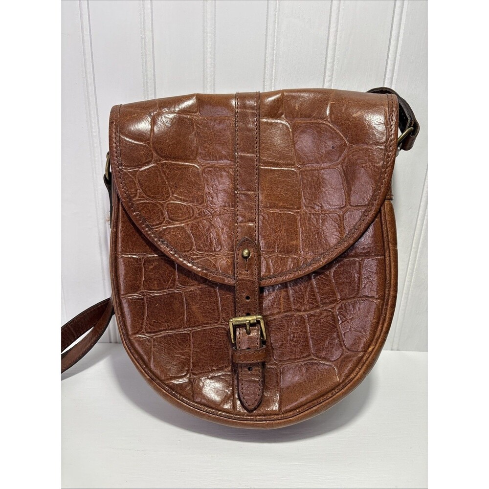 Vintage Mulberry Brown Croc Embossed Leather Crossbody Bag Plaid Lining England